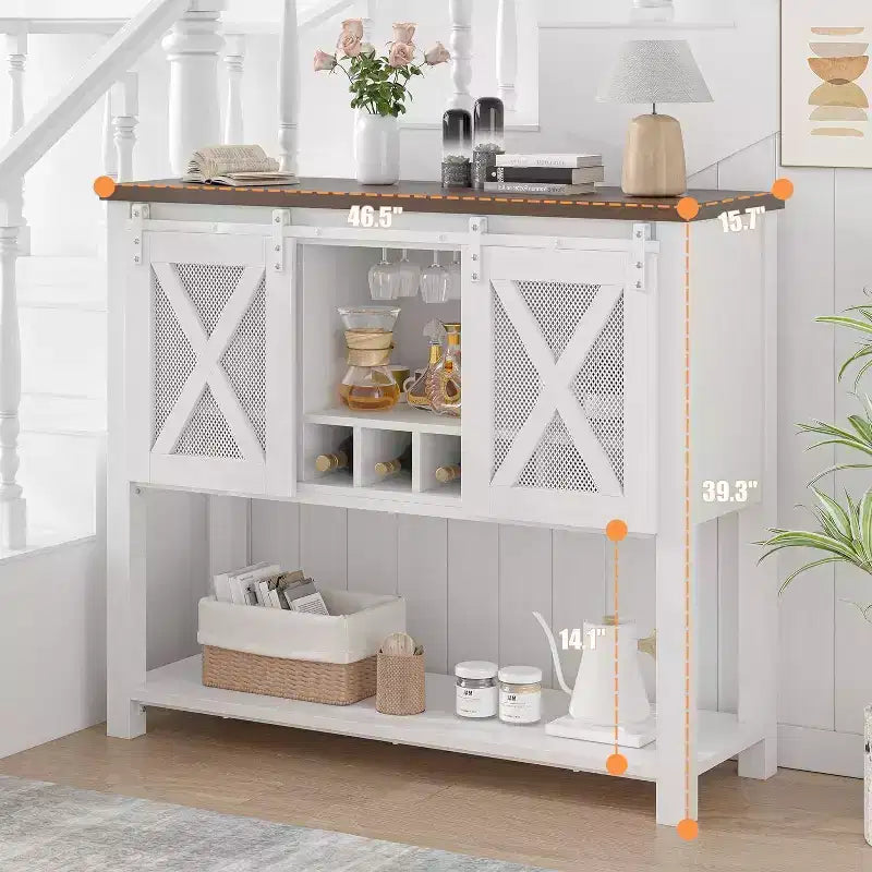 Meuble Buffet de Rangement, Meuble Bar à Café, Table Console avec Portes Coulissantes Type Grange, Table d'Entrée avec Étagère de Rangement et Porte-Bouteilles
