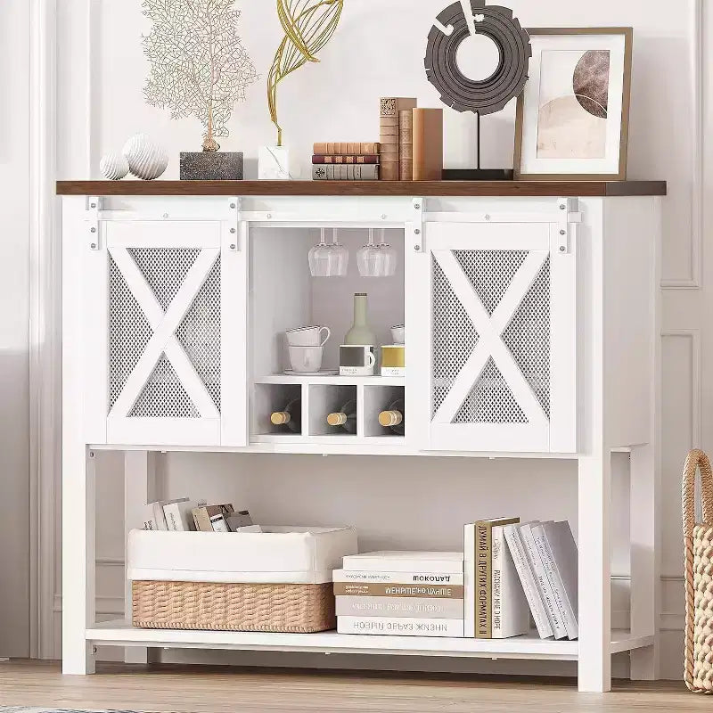 Meuble Buffet de Rangement, Meuble Bar à Café, Table Console avec Portes Coulissantes Type Grange, Table d'Entrée avec Étagère de Rangement et Porte-Bouteilles