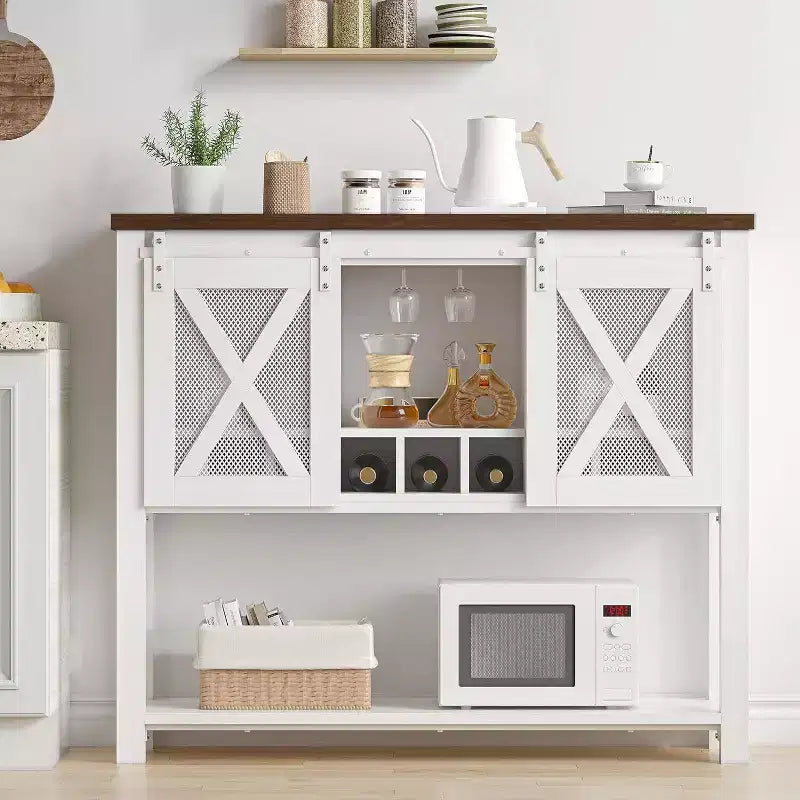 Meuble Buffet de Rangement, Meuble Bar à Café, Table Console avec Portes Coulissantes Type Grange, Table d'Entrée avec Étagère de Rangement et Porte-Bouteilles