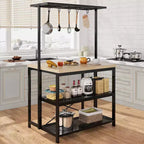 Coolmee 42/47 inch Kitchen Island with Storage & Seating - 3-Tier Bakers Rack, Microwave Stand, Dining Table for 4, 5 Hooks & 50lb Capacity
