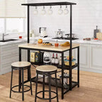 Îlot de cuisine de 42/47 pouces avec rangement et sièges - Étagère à boulanger à 3 niveaux, support pour micro-ondes, table à manger pour 4 personnes, 5 crochets et capacité de 22,7 kg