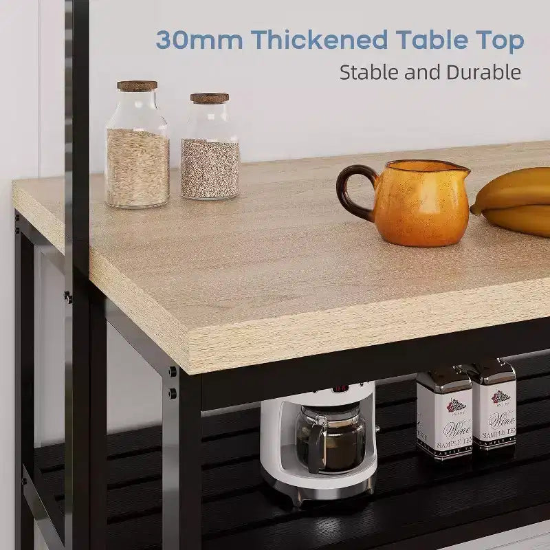 Îlot de cuisine de 42/47 pouces avec rangement et sièges - Étagère à boulanger à 3 niveaux, support pour micro-ondes, table à manger pour 4 personnes, 5 crochets et capacité de 22,7 kg