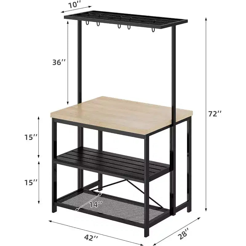 Îlot de cuisine de 42/47 pouces avec rangement et sièges - Étagère à boulanger à 3 niveaux, support pour micro-ondes, table à manger pour 4 personnes, 5 crochets et capacité de 22,7 kg