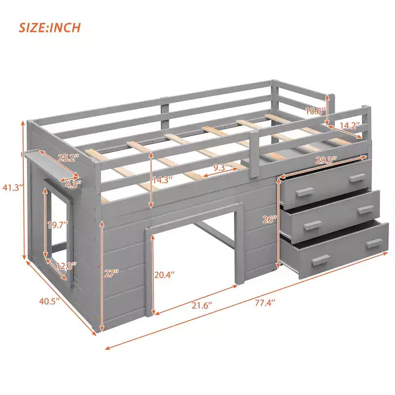 Lit mezzanine bas avec rangement pour enfants, lit mezzanine en bois taille jumeau avec armoire et étagère pour filles garçons