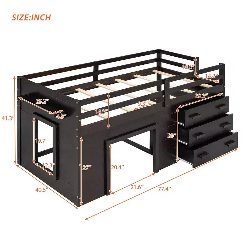 Lit mezzanine bas avec rangement pour enfants, lit mezzanine en bois taille jumeau avec armoire et étagère pour filles garçons