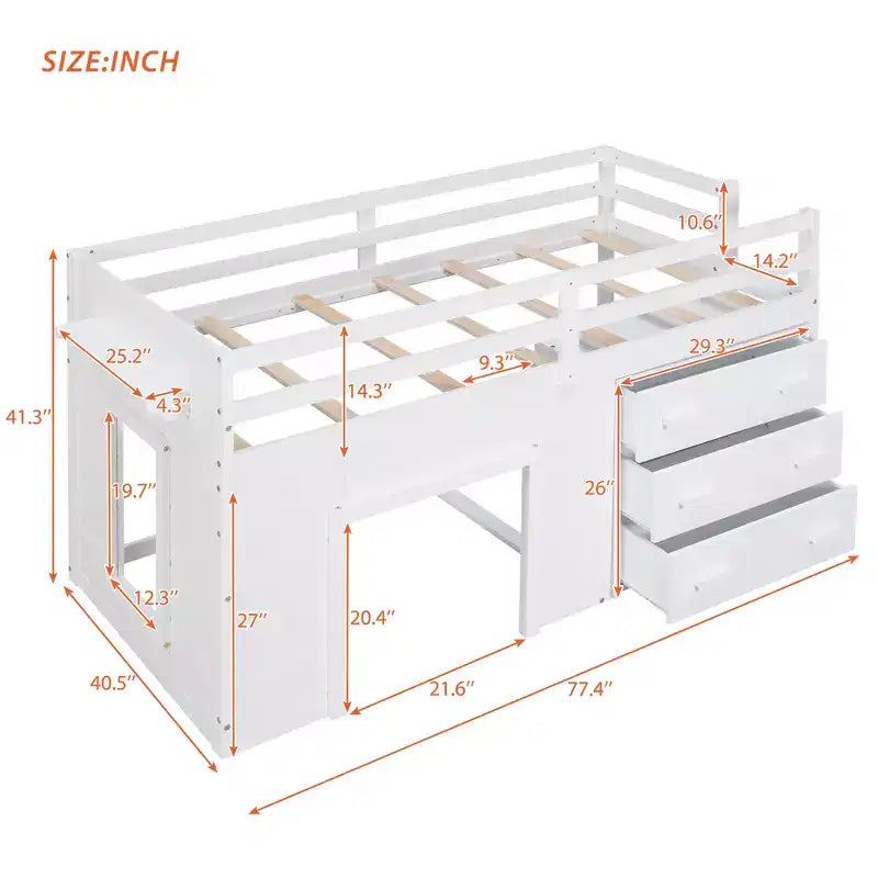 Lit mezzanine bas avec rangement pour enfants, lit mezzanine en bois taille jumeau avec armoire et étagère pour filles garçons