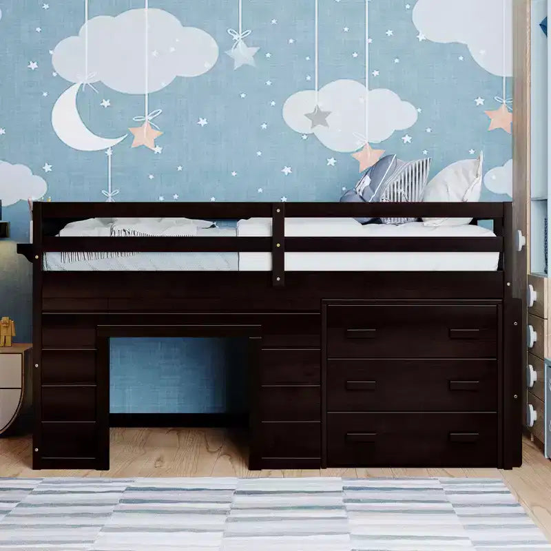 Lit mezzanine bas avec rangement pour enfants, lit mezzanine en bois taille jumeau avec armoire et étagère pour filles garçons