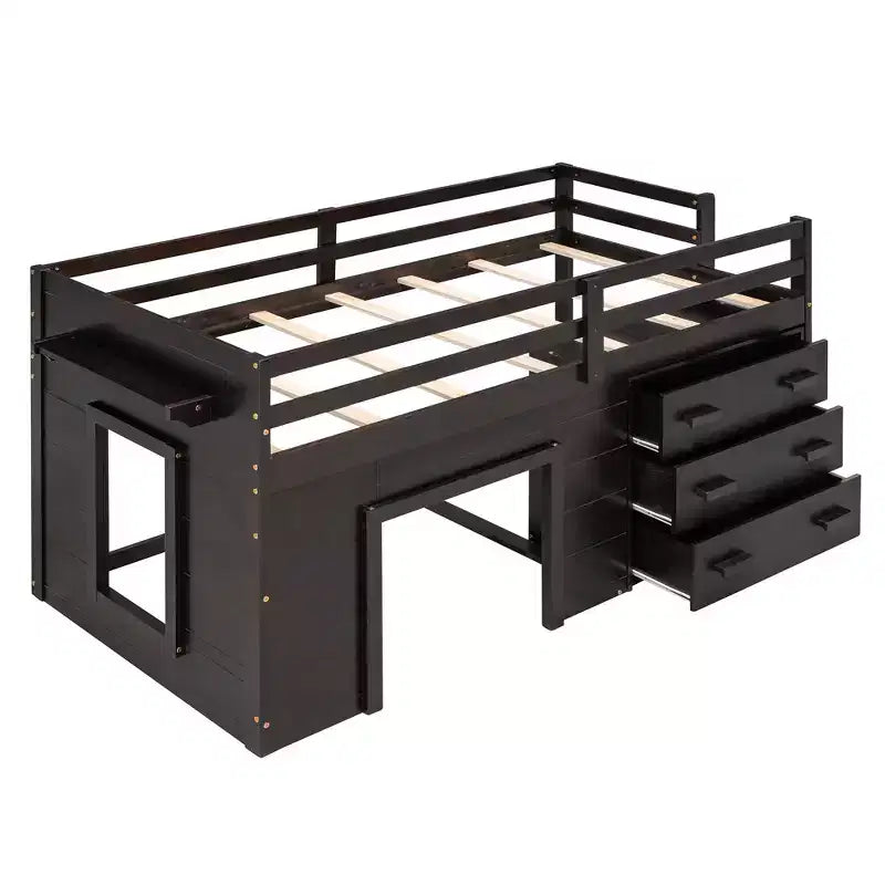 Lit mezzanine bas avec rangement pour enfants, lit mezzanine en bois taille jumeau avec armoire et étagère pour filles garçons