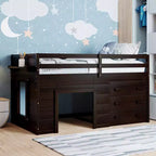 Low Loft Bed with Storage for Kids, Wood Twin Size Loft Bed with Cabinet and Shelf for Girls Boys