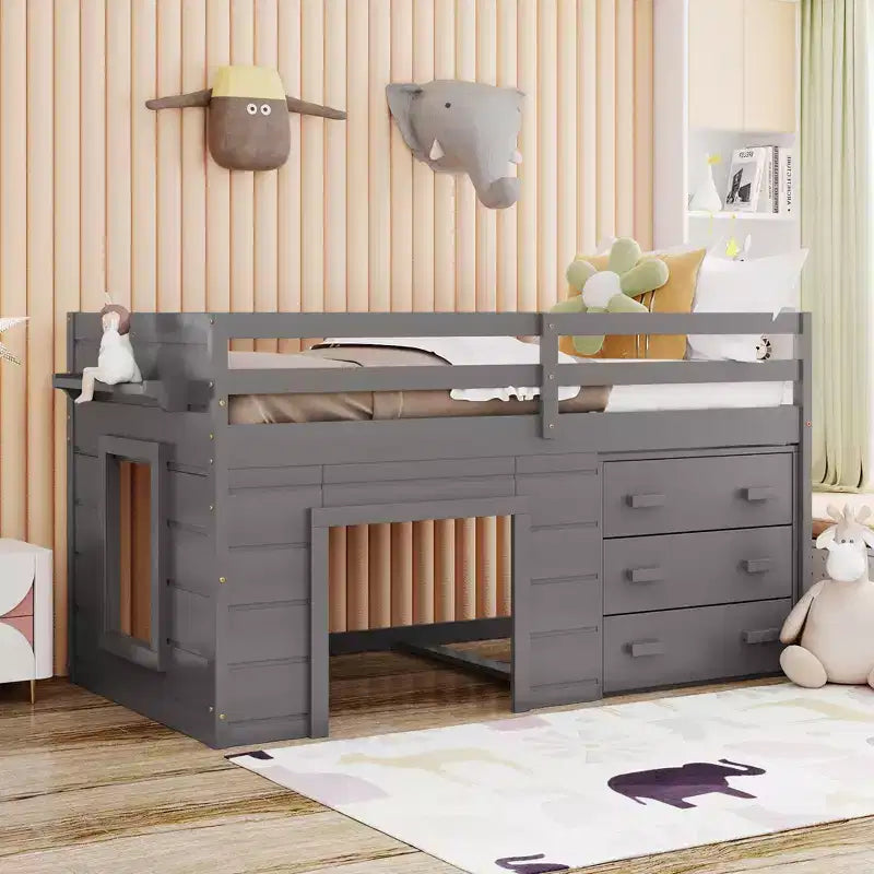 Lit mezzanine bas avec rangement pour enfants, lit mezzanine en bois taille jumeau avec armoire et étagère pour filles garçons