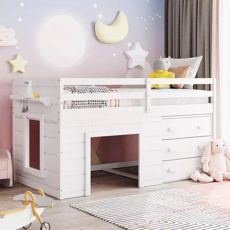 Lit mezzanine bas avec rangement pour enfants, lit mezzanine en bois taille jumeau avec armoire et étagère pour filles garçons