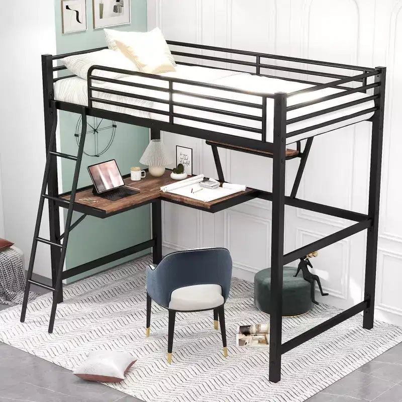 Lit mezzanine en métal pour enfants et adolescents, cadre de lit mezzanine haut avec petite étagère