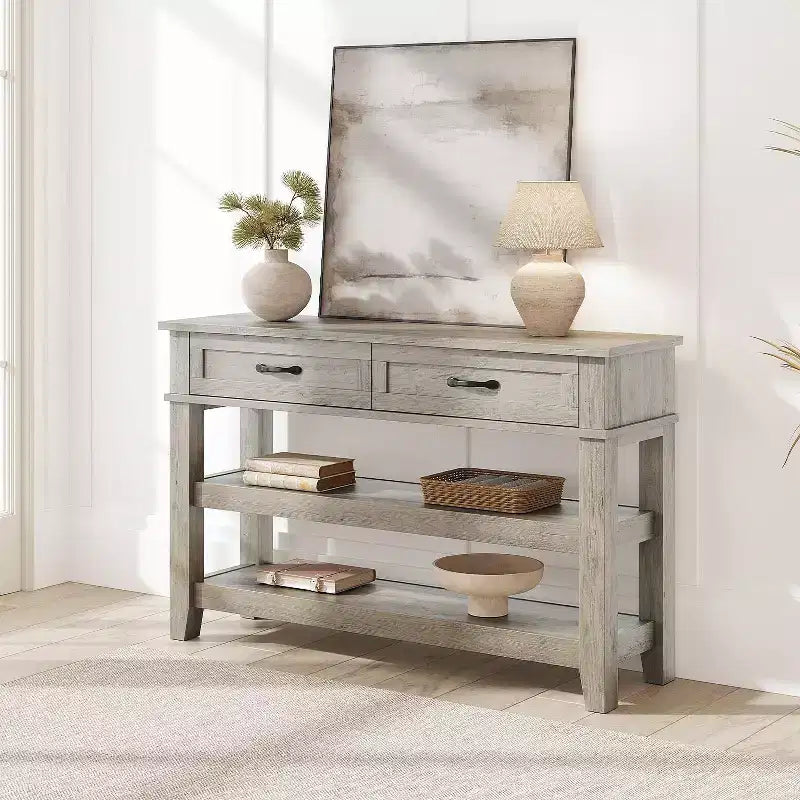 Table d'entrée, Console avec 2 tiroirs de rangement, Table de canapé rustique à 3 niveaux, Tables de couloir pour entrée, salon