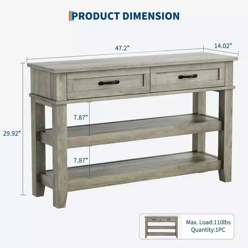 Table d'entrée, Console avec 2 tiroirs de rangement, Table de canapé rustique à 3 niveaux, Tables de couloir pour entrée, salon