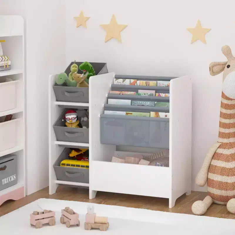 Bibliothèque et organiseur de jouets pour enfants, étagère à livres multifonctionnelle à 4 niveaux pour enfants avec 3 tiroirs en tissu pliables