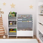 Bibliothèque et organiseur de jouets pour enfants, étagère à livres multifonctionnelle à 4 niveaux pour enfants avec 3 tiroirs en tissu pliables