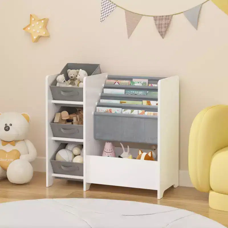 Bibliothèque et organiseur de jouets pour enfants, étagère à livres multifonctionnelle à 4 niveaux pour enfants avec 3 tiroirs en tissu pliables