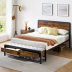 Queen&Full Bed Frame with Storage, Upholstered Headboard & 2 Large Drawers, Ottoman Bench Footboard, Metal Slat Support System, Easy Assembly