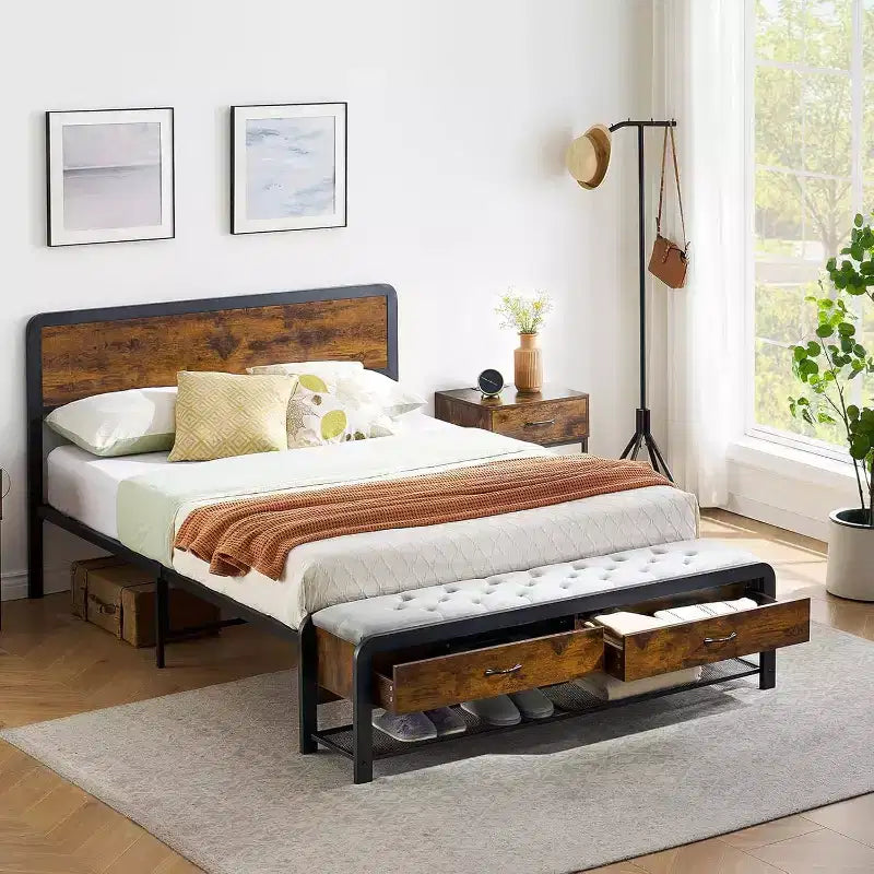 Cadre de lit Queen & Full avec rangement, tête de lit rembourrée et 2 grands tiroirs, banc de pied de lit ottoman, système de support à lattes métalliques, assemblage facile