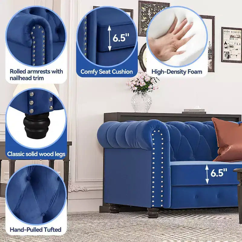 Fauteuil Chesterfield en velours bleu pour salon, avec coussin épais