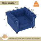 Fauteuil Chesterfield en velours bleu pour salon, avec coussin épais