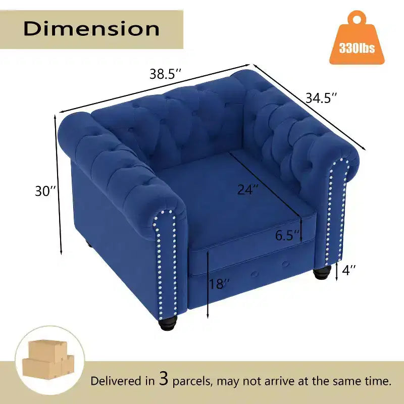 Fauteuil Chesterfield en velours bleu pour salon, avec coussin épais