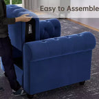 Fauteuil Chesterfield en velours bleu pour salon, avec coussin épais
