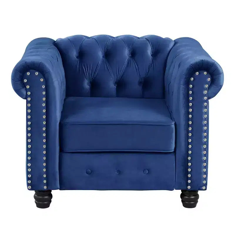 Fauteuil Chesterfield en velours bleu pour salon, avec coussin épais