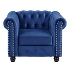 Fauteuil Chesterfield en velours bleu pour salon, avec coussin épais