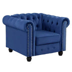 Fauteuil Chesterfield en velours bleu pour salon, avec coussin épais