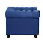 Fauteuil Chesterfield en velours bleu pour salon, avec coussin épais