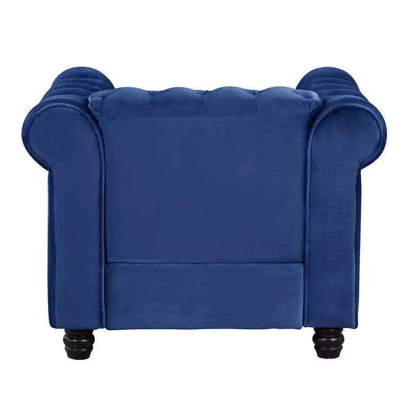 Fauteuil Chesterfield en velours bleu pour salon, avec coussin épais