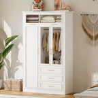 Whisen 3 Door Wardrobe Armoire Closet with LED and 3 Drawers - White