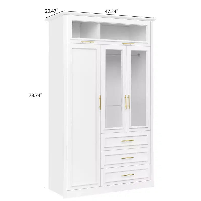 Armoire penderie 3 portes avec LED et 3 tiroirs - Blanc