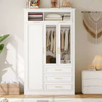 Armoire penderie 3 portes avec LED et 3 tiroirs - Blanc