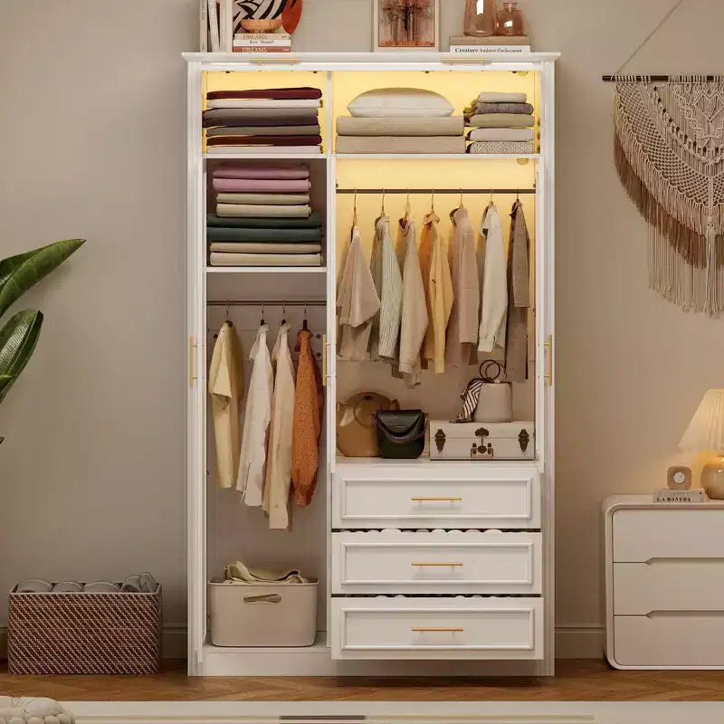 Armoire penderie 3 portes avec LED et 3 tiroirs - Blanc