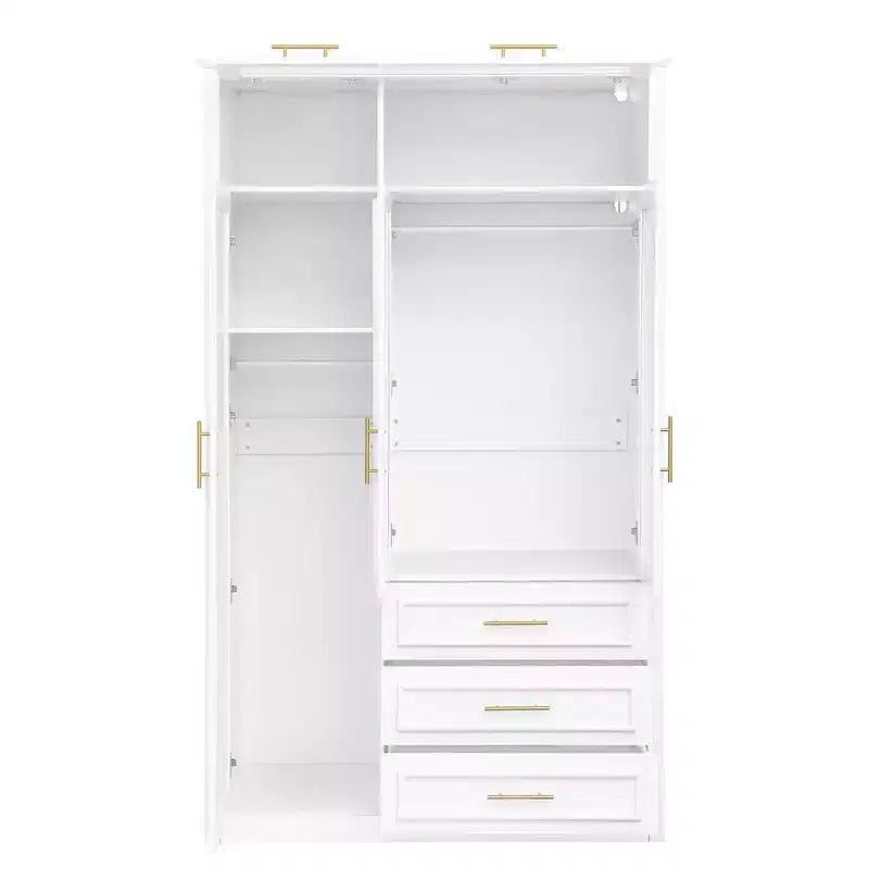 Armoire penderie 3 portes avec LED et 3 tiroirs - Blanc