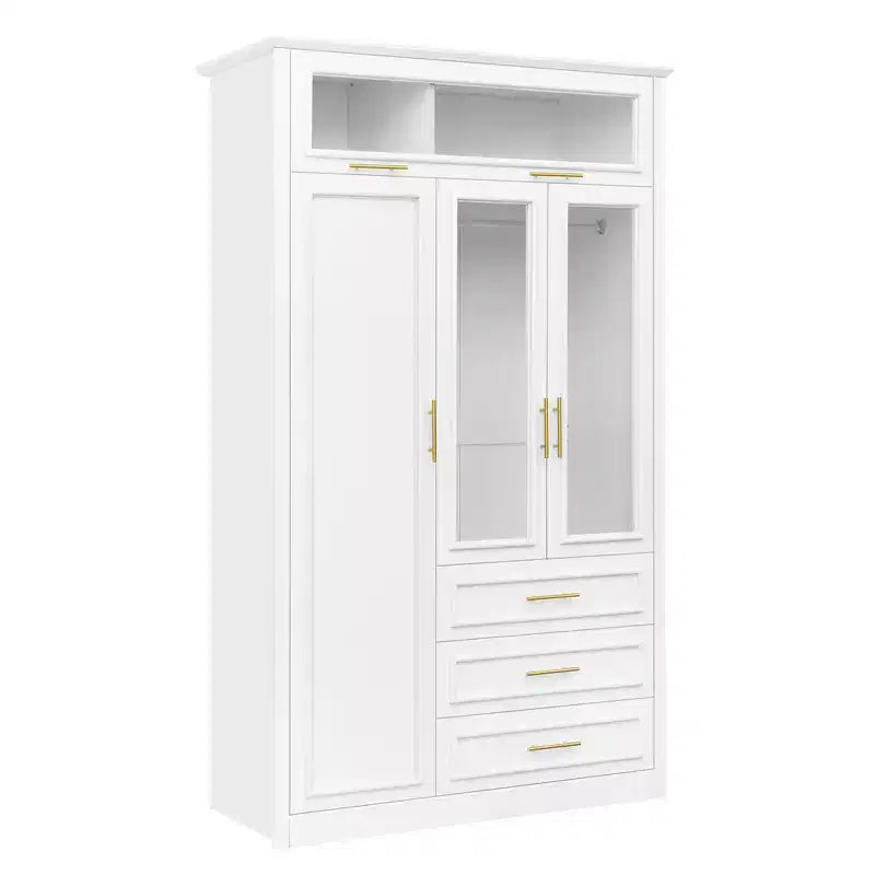 Armoire penderie 3 portes avec LED et 3 tiroirs - Blanc