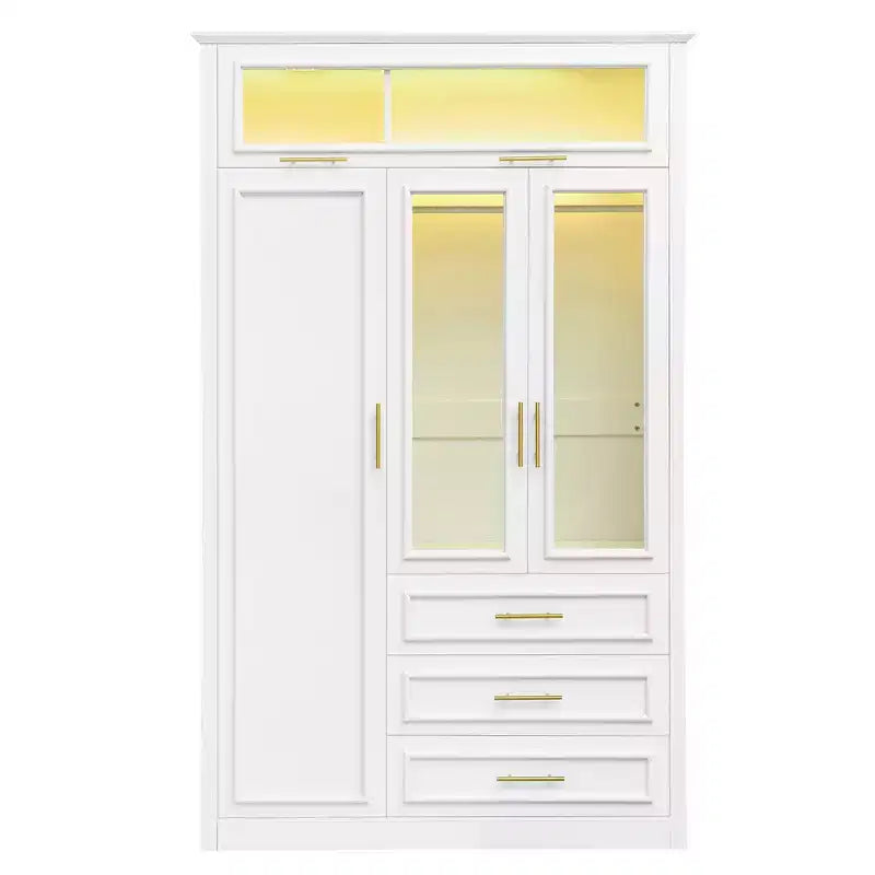 Armoire penderie 3 portes avec LED et 3 tiroirs - Blanc
