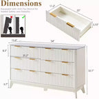 Commode cannelée à 6 tiroirs avec plateau en faux marbre, commode de 137 cm de large pour chambre, salon, couloir, entrée, blanc