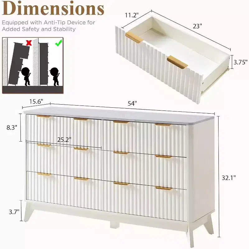 Commode cannelée à 6 tiroirs avec plateau en faux marbre, commode de 137 cm de large pour chambre, salon, couloir, entrée, blanc