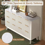 Commode cannelée à 6 tiroirs avec plateau en faux marbre, commode de 137 cm de large pour chambre, salon, couloir, entrée, blanc