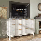 Commode cannelée à 6 tiroirs avec plateau en faux marbre, commode de 137 cm de large pour chambre, salon, couloir, entrée, blanc