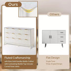 Commode cannelée à 6 tiroirs avec plateau en faux marbre, commode de 137 cm de large pour chambre, salon, couloir, entrée, blanc