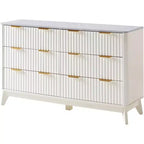 Commode cannelée à 6 tiroirs avec plateau en faux marbre, commode de 137 cm de large pour chambre, salon, couloir, entrée, blanc