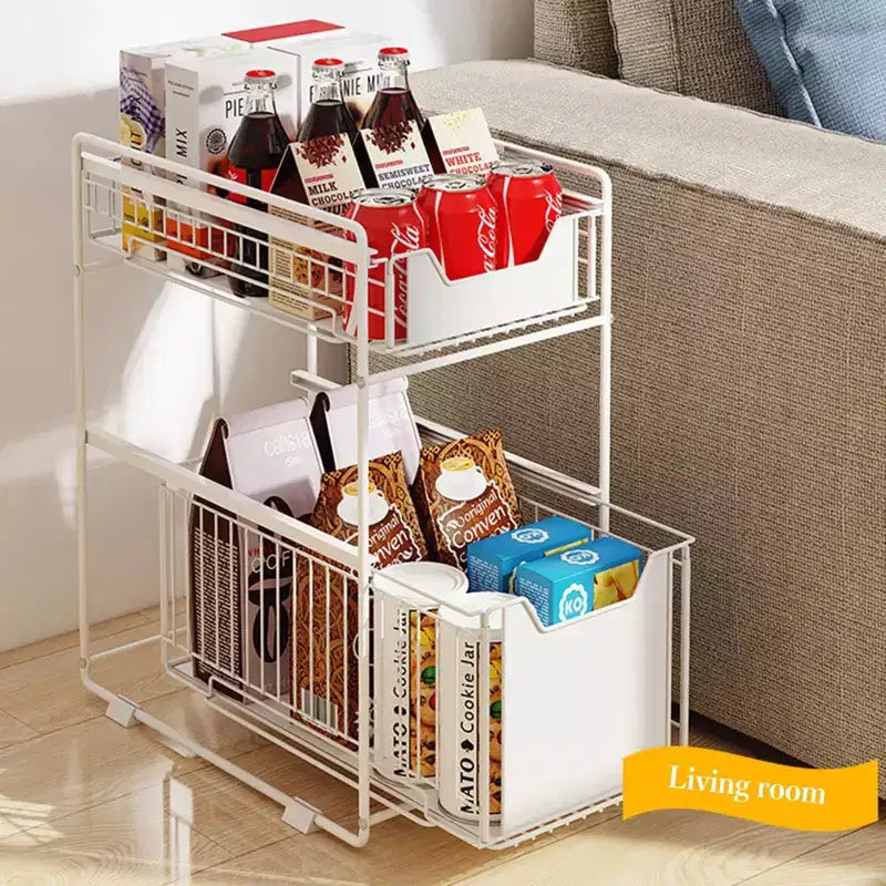 Organisateur d'armoire coulissant, paniers de rangement métalliques à 2 niveaux avec tiroir coulissant, paniers de rangement coulissants en acier au carbone pour garde-manger de cuisine