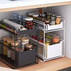 Organisateur d'armoire coulissant, paniers de rangement métalliques à 2 niveaux avec tiroir coulissant, paniers de rangement coulissants en acier au carbone pour garde-manger de cuisine