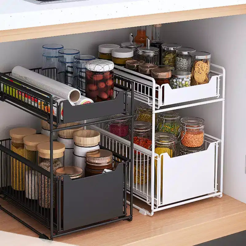 Organisateur d'armoire coulissant, paniers de rangement métalliques à 2 niveaux avec tiroir coulissant, paniers de rangement coulissants en acier au carbone pour garde-manger de cuisine
