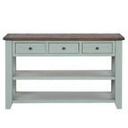 Console de 122 cm en bois massif avec 3 tiroirs de rangement et 2 étagères, dessus rétro bleu et marron