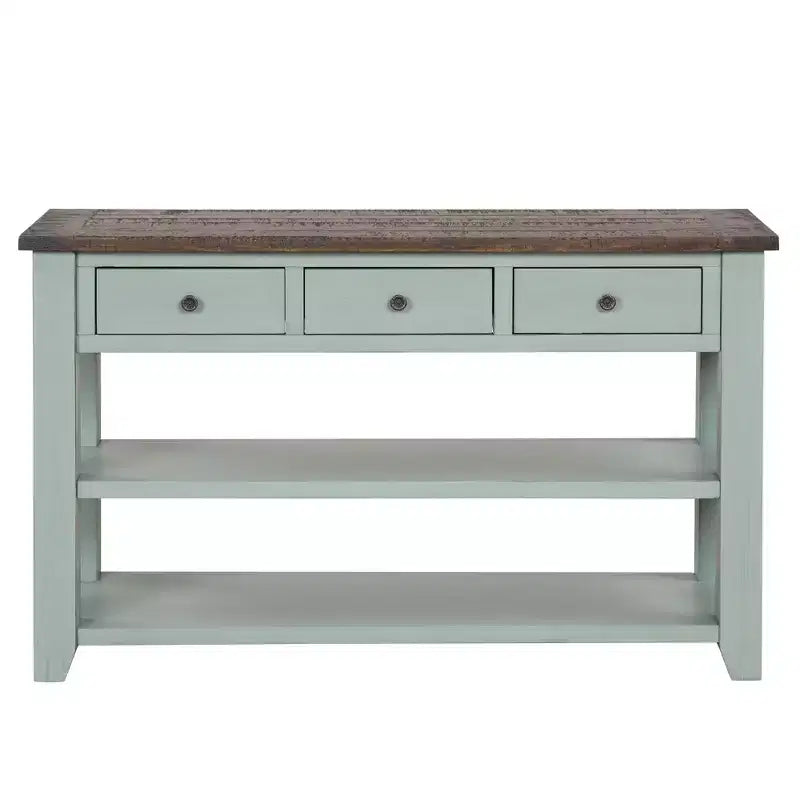 Console de 122 cm en bois massif avec 3 tiroirs de rangement et 2 étagères, dessus rétro bleu et marron
